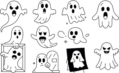 Spooky Halloween vector ghost illustrations: cute, funny, line art designs