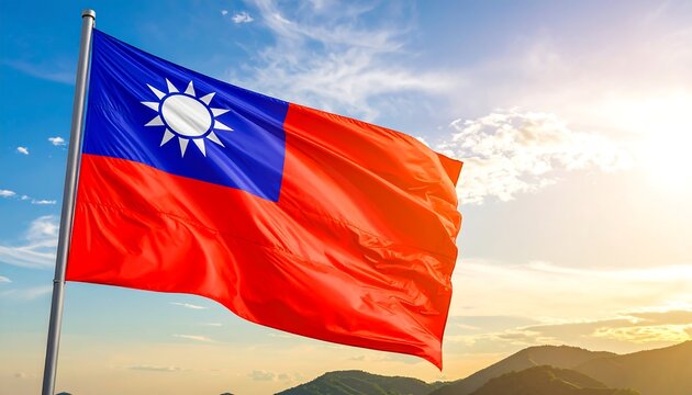 Taiwanese flag waving in a vibrant sunrise sky - Powered by Adobe