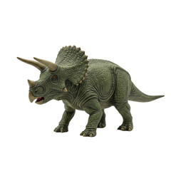 Fototapeta premium Miniature Triceratops toy, macro 3/4 view, highly detailed, realistic earthy green plastic, intricate scales, sharp horns, on a pristine transparent seamless background with no shadows, concept for