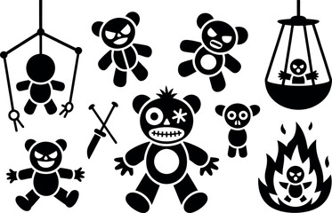 Vector illustration: Spooky black teddy bear icons, dark mood