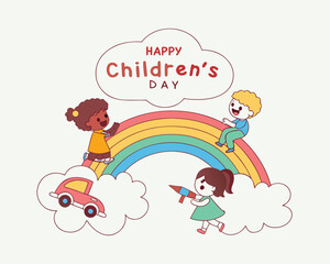 Happy Childrens Day Illustration with Diverse Kids on Rainbow