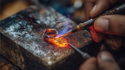 Jeweler uses a torch to solder intricate metal ring during jewellery making process in a workshop