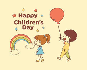 Happy Childrens Day Illustration with Kids Rainbow and Balloon