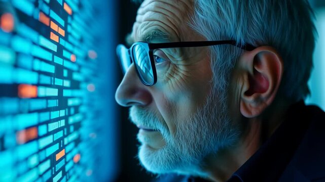 Senior software engineer analyzing code on digital screen in dark tech room, showcasing experience and technology focus for IT, programming, or cybersecurity concepts, 4K motion