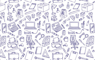 seamless pattern of office and school items, hand-drawn in cartoon style on a white background.