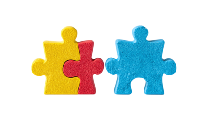 Puzzle pieces connecting team roles or goals isolated on transparent background 