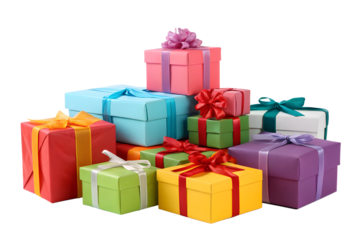 A vibrant and colorful collection of assorted gift boxes stacked in a large pile, wrapped with beautiful ribbons and bows, isolated on a white background.