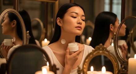Young woman in a white dress applying skincare product near mirrors and candle lights creates a serene beauty portrait
