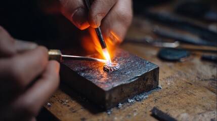 Jeweler uses a torch to solder intricate metal ring during jewellery making process in a workshop