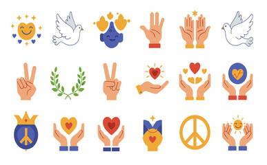 A diverse set of modern flat design icons illustrating concepts of peace, love, and hope for social and humanitarian themes.
