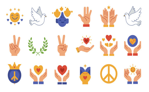 A diverse set of modern flat design icons illustrating concepts of peace, love, and hope for social and humanitarian themes.