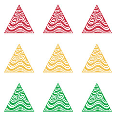 A seamless pattern featuring triangles filled with abstract wavy lines in red, yellow, and green. Suitable for backgrounds, textiles, prints, and decorative elements.