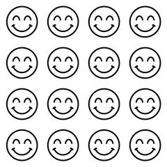 A seamless pattern of happy face icons with black outlines, perfect for conveying positive emotions, happiness, and a good mood. Ideal for backgrounds, web design, and social media.
