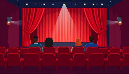 Theater interior, red velvet curtains, audience seated