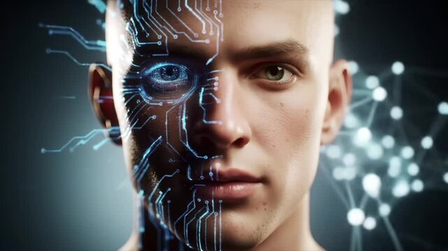 A half-real, half-digital human face, with visible circuits and glowing particles connecting together.