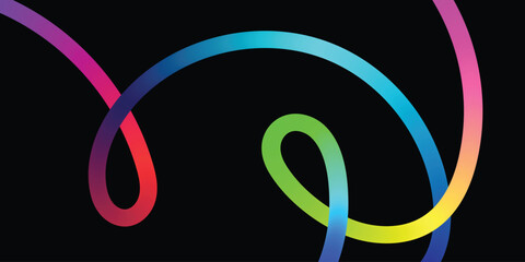 Vibrant Rainbow Lines Intertwined on a Black Background. An abstract image featuring several interconnected, curved lines in a spectrum of vibrant colors, against a solid black background.