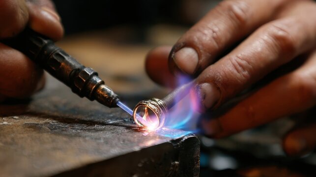 Man solders a silver ring with a torch and magnifying glass at a workbench in his studio creating jewelry - Powered by Adobe