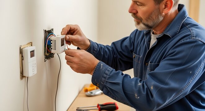 Man installing a thermostat on a wall with wires and tools visible in a bright indoor setting