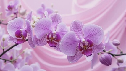 Elegant Pink Orchids with Soft Draped Fabric Background – Floral Beauty, Spa Decor, Wedding, Romantic Nature, Botanical Art