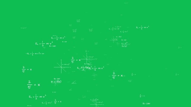 Math equations motion overlay animation with symbols and graphs floating randomly on green screen. 4K animated formula overlay for creative thinking, math visualization, and background effect.