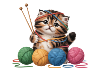 Adorable kitten tangled in colorful yarn with knitting needles – cute crafting pet illustration for DIY, handmade, and playful design