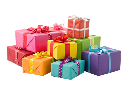 A vibrant collection of colorful gift boxes wrapped with festive ribbons, stacked together in a pile for a celebration, isolated on a white background.