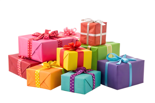 A vibrant collection of colorful gift boxes wrapped with festive ribbons, stacked together in a pile for a celebration, isolated on a white background.