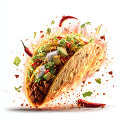 Sizzling taco captured mid-air with dynamic energy, golden, with juicy spiced ground beef, shredded lettuce, sliced avocado, sour cream dollops and diced red chilies. Isolated on white background. 