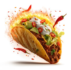 Sizzling taco captured mid-air with dynamic energy, golden, with juicy spiced ground beef, shredded lettuce, sliced avocado, sour cream dollops and diced red chilies. Isolated on white background. 
