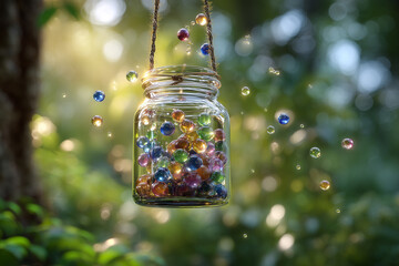 Glass jar filled with colorful marbles hanging in a sunlit forest with floating marbles image