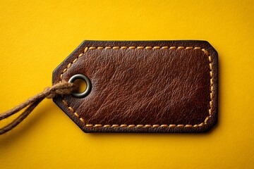 Brown leather tag mockup on vibrant yellow background  
