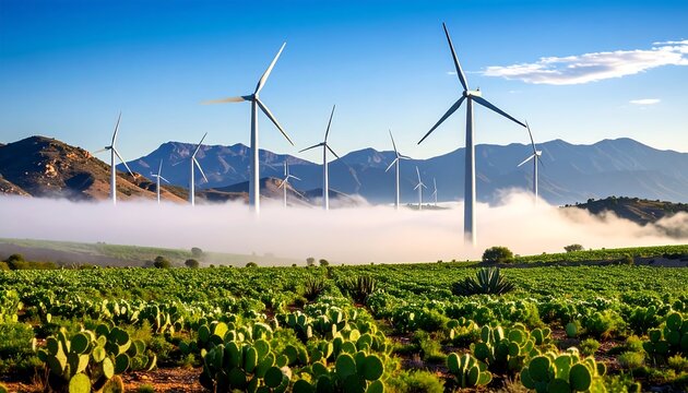 Wind Turbines Over Foggy Field with Cactus and Mountains - Powered by Adobe