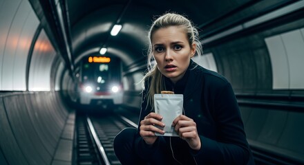 A young woman with a concerned expression crouches holding a package in a dim subway tunnel. A train with bright headlights approaches in the background with blurred effect.