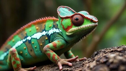 Obraz premium Colorful Chameleon on Tree Branch in Natural Habitat – Exotic Reptile Wildlife Close-Up for Nature and Science Themes