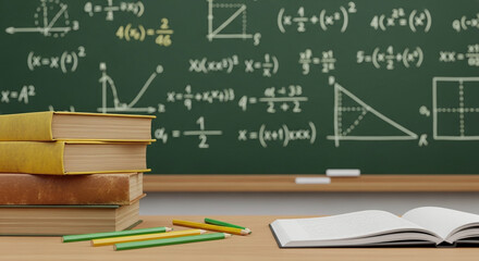 Stack of books and open notebook on a desk in front of a chalkboard with math equations written on it