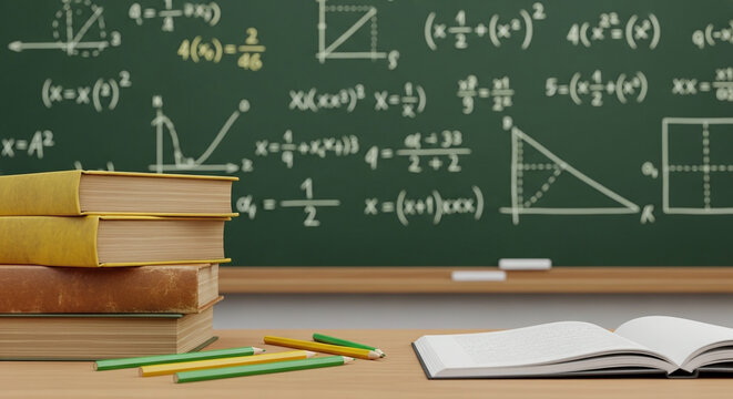 Stack of books and open notebook on a desk in front of a chalkboard with math equations written on it