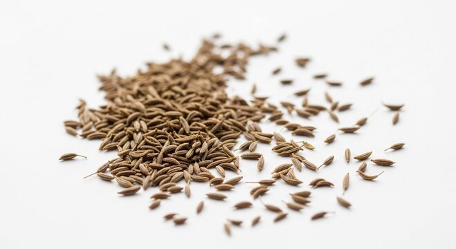A pile of dried brown cumin seeds, a popular culinary spice, on a plain white background.