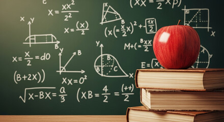 A stack of books with a red apple in front of a chalkboard with math equations and diagrams written on it