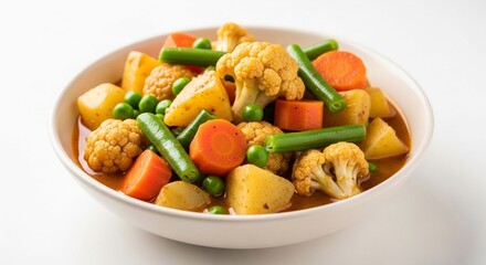 A vibrant and healthy bowl of mixed vegetable stew or curry, featuring potatoes, carrots, green beans, peas, and cauliflower.