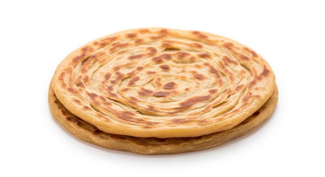 A single round layered paratha, a traditional South Asian flatbread, isolated on a white background.