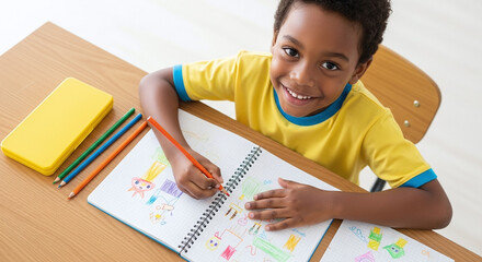 Smiling child drawing in a notebook with colored pencils on a wooden desk in a well lit room