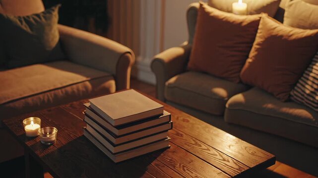 Immerse yourself in the tranquility of a cozy living room with soft lighting and plush cushions. A stack of books invites relaxation while dim candlelight sets a soothing mood. 