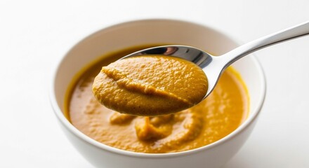 A spoonful of thick, creamy orange vegetable soup is lifted from a white bowl.