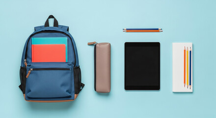 Flat lay of school supplies including backpack, tablet, pencils, and notebooks on a blue background