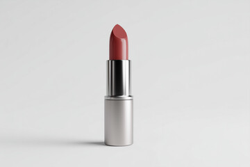 Single open lipstick with coral pink shade in silver metallic case on white background makeup beauty