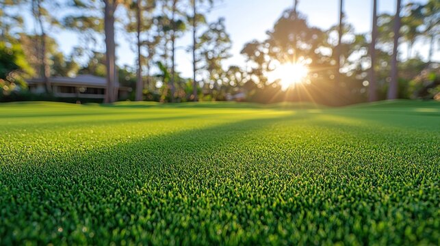Grassy field, sunny day, with distant trees/house