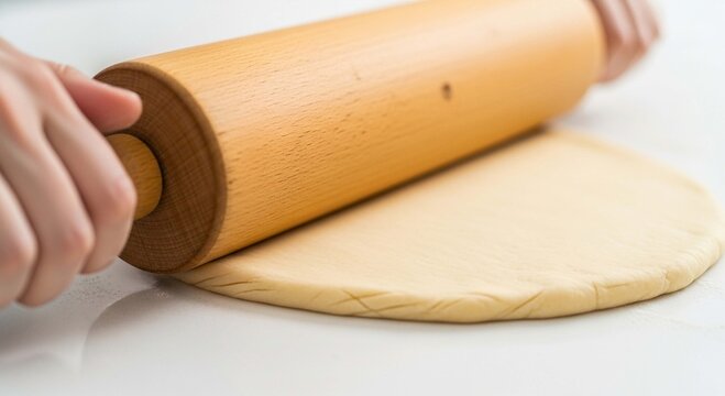 Hands using a wooden rolling pin to flatten light-colored dough on a white surface, preparing for baking.