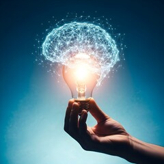 Hand holding light bulb with brain network representing innovation creativity and intelligence