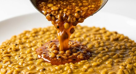 Rich, savory sauce being poured over a bed of golden lentils.