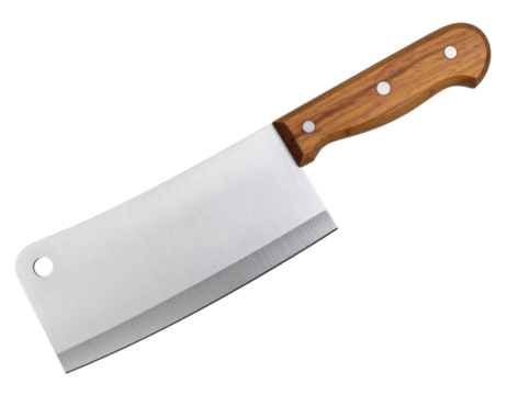  “Large Cleaver Knife with Rustic Wooden Handle, Isolated on Transparent Background”.